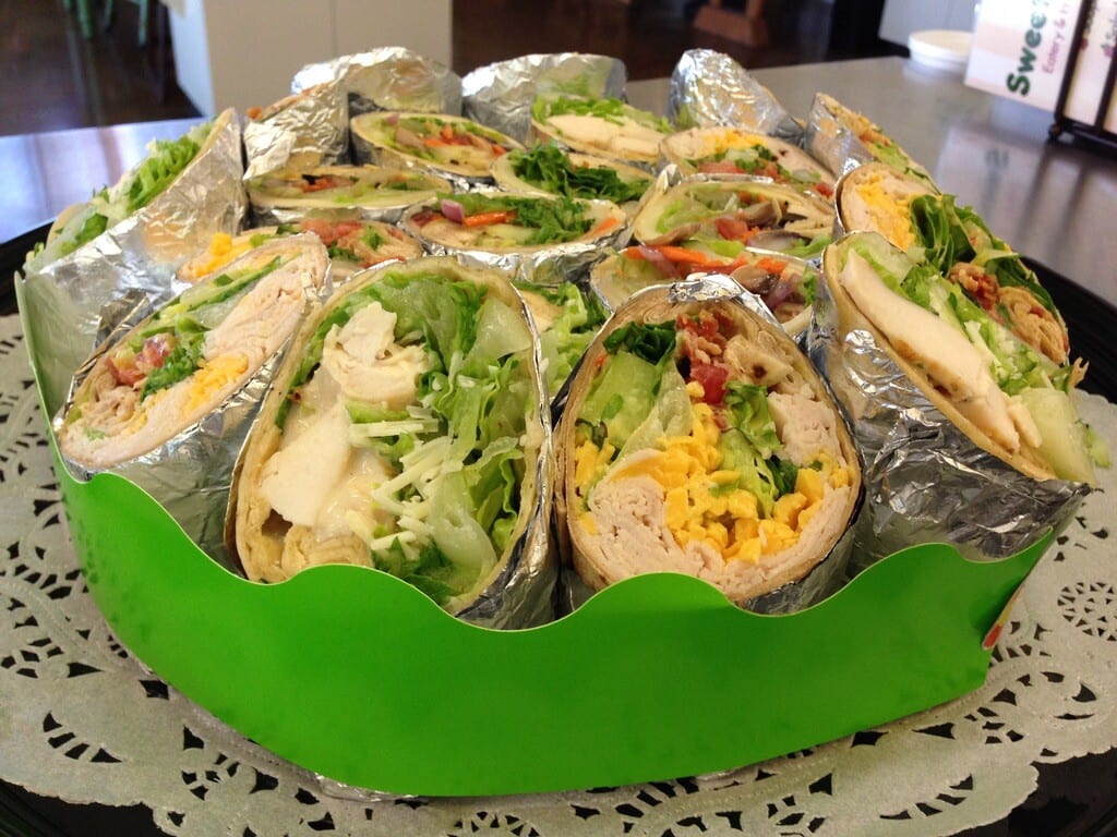 A SweetBerries catering tray of mixed wraps