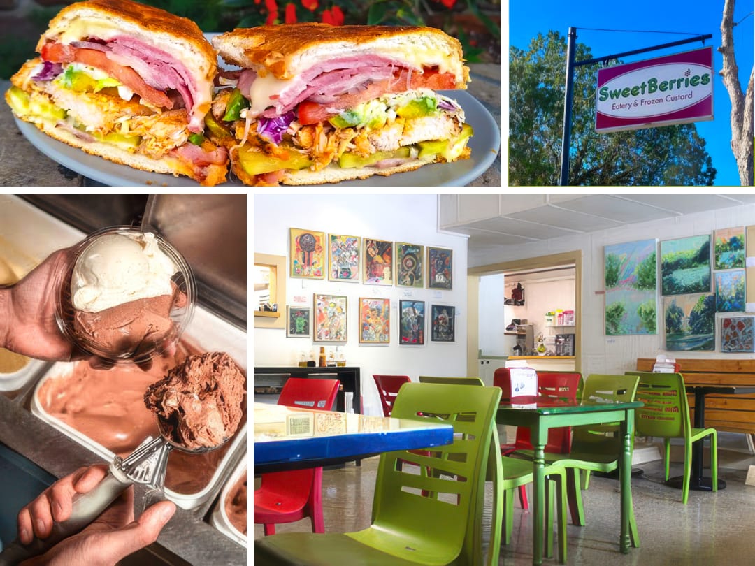 Sandwiches, frozen custard, the SweetBerries sign and the dining room in Gainesville