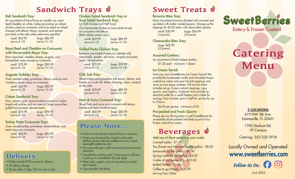 Catering menu for SweetBerries Gainesville.