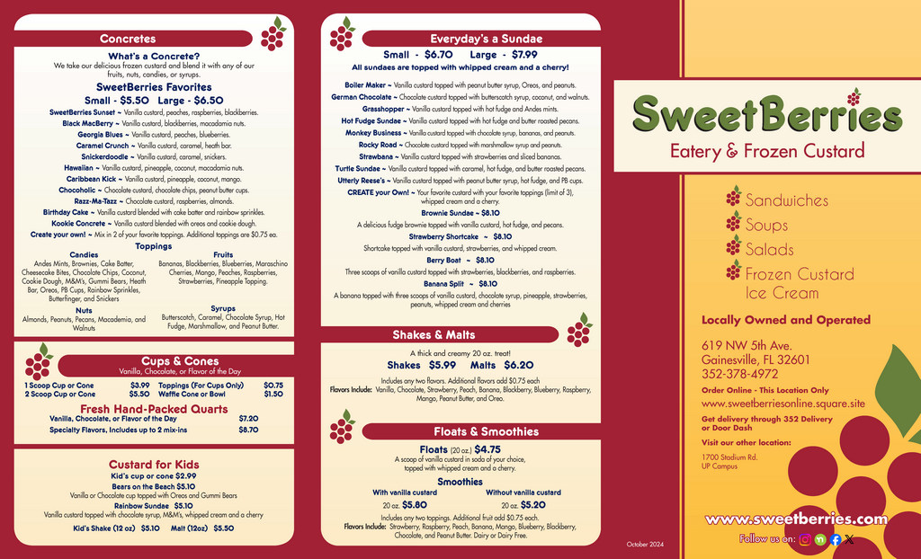 Custard menu for SweetBerries Gainesville.
